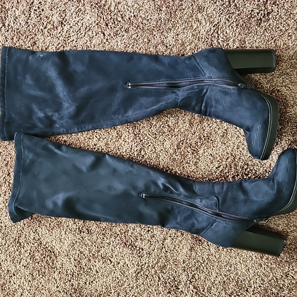 Velvety navy blue knee high boots